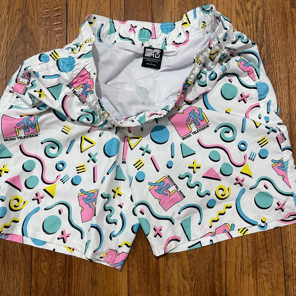 MTV White Swim Trunks with Teal, Pink & Yellow Geometric Print